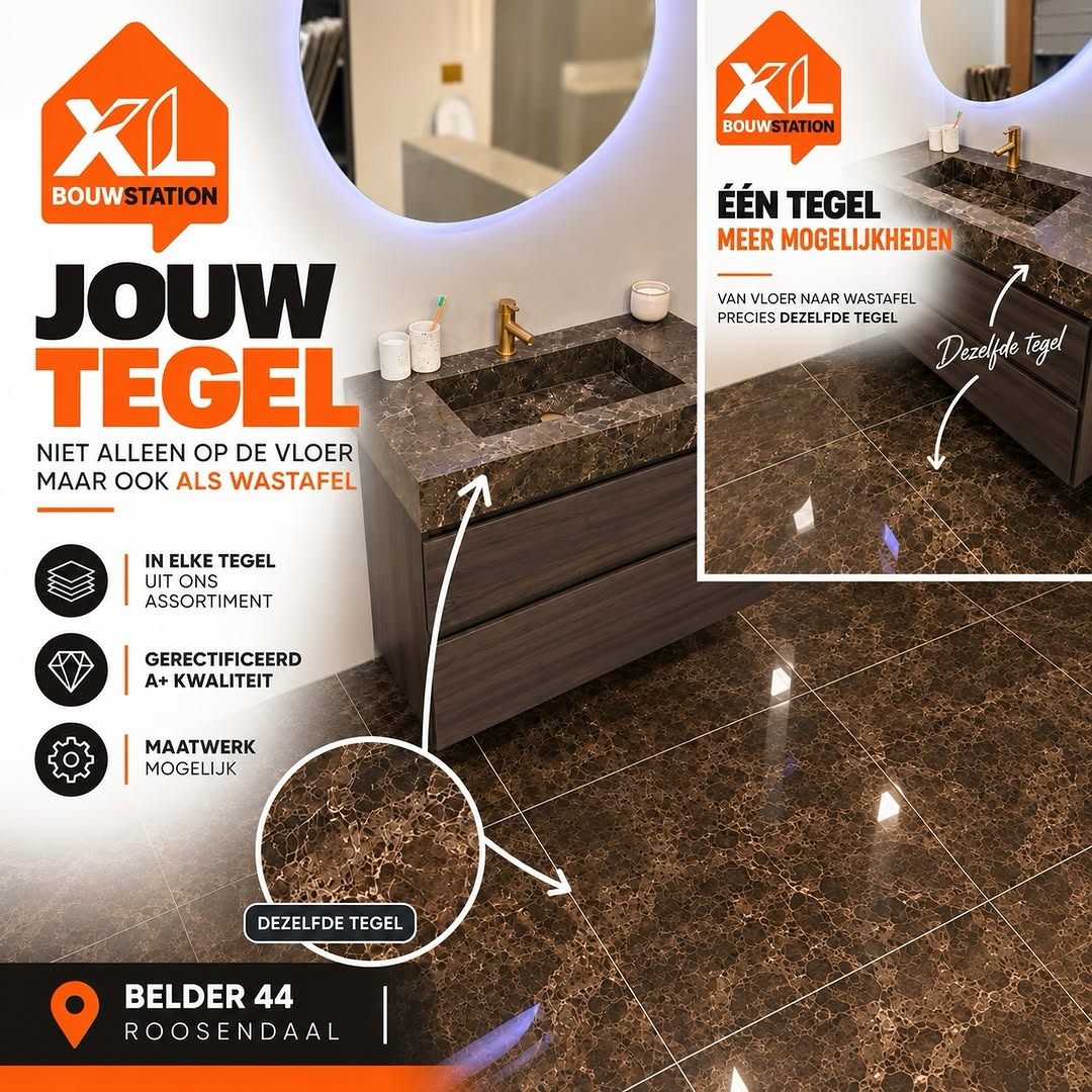 Wastafel op maat met donkerbruine aders en bijpassende glanzende vloertegels bij BouwStation XL in Roosendaal