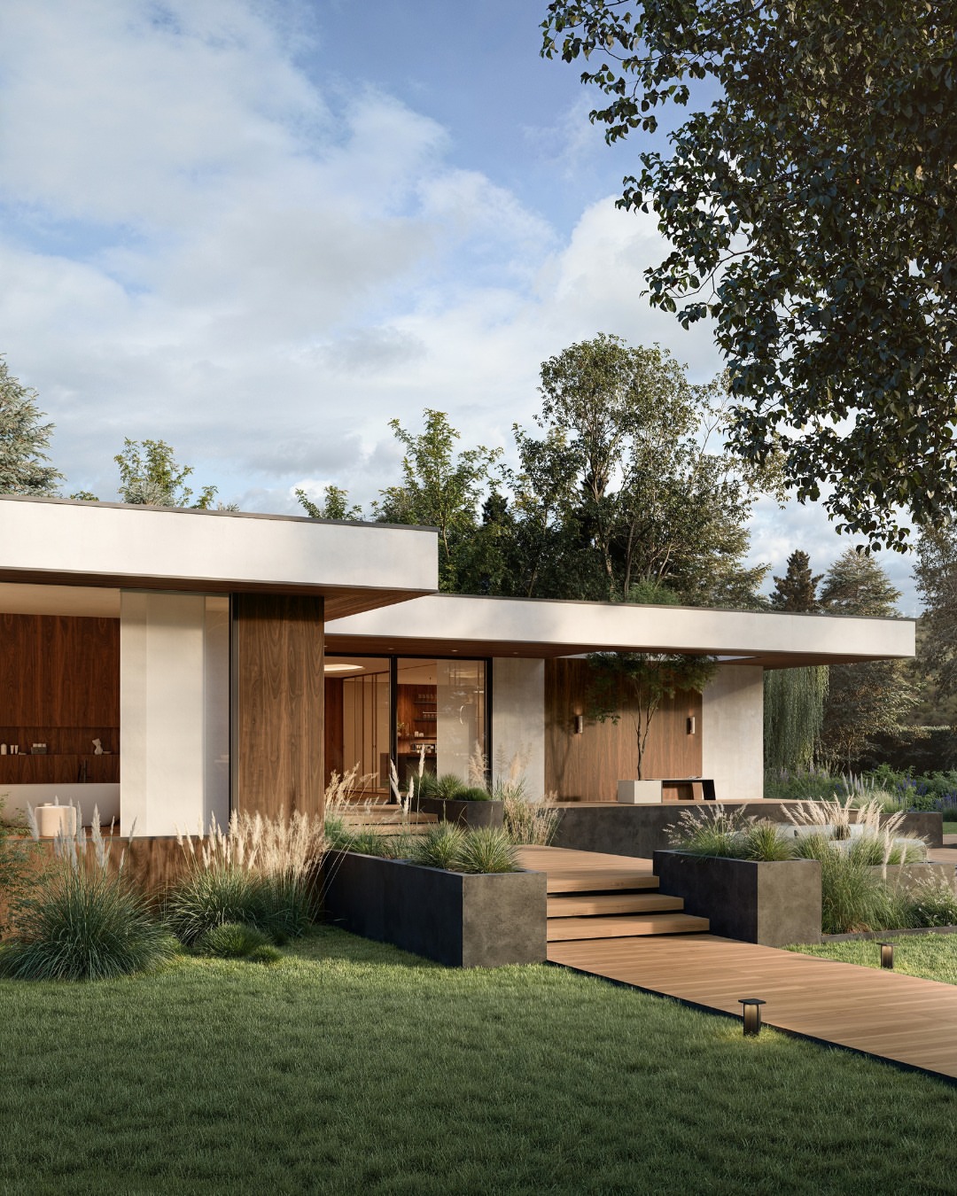 Log Anthology met warme houtlook op wanden, terras en tuinpad bij Atlas Concorde