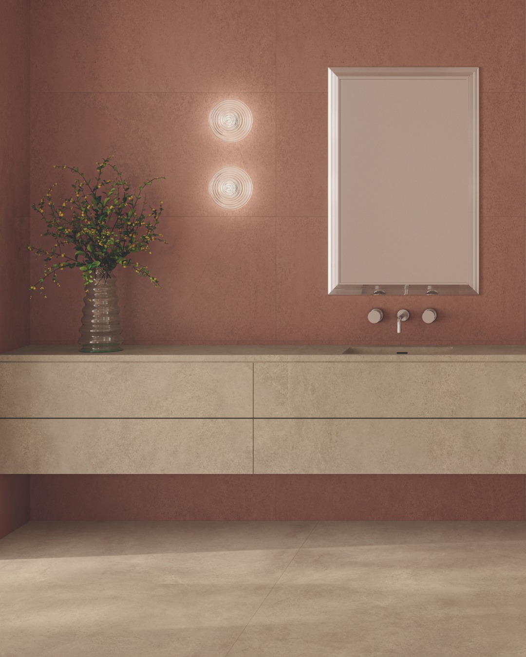 Boost Hux met terracottakleurige betonlook wandtegels achter een licht wastafelmeubel bij Atlas Concorde