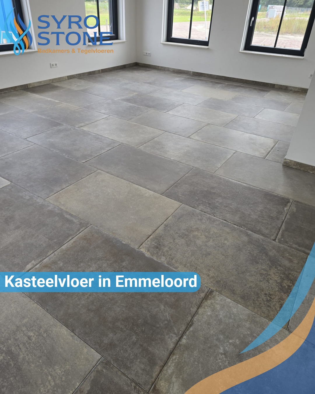 Kasteelvloer met grijze en beige tegels in afwisselende formaten, gelegd door Syro Stone in Emmeloord.