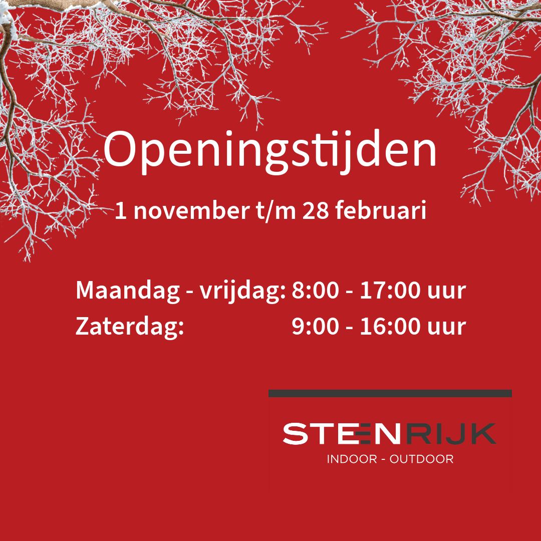 Winterse aankondiging met de openingstijden van Steenrijk van 1 november t/m 28 februari op een rode achtergrond.