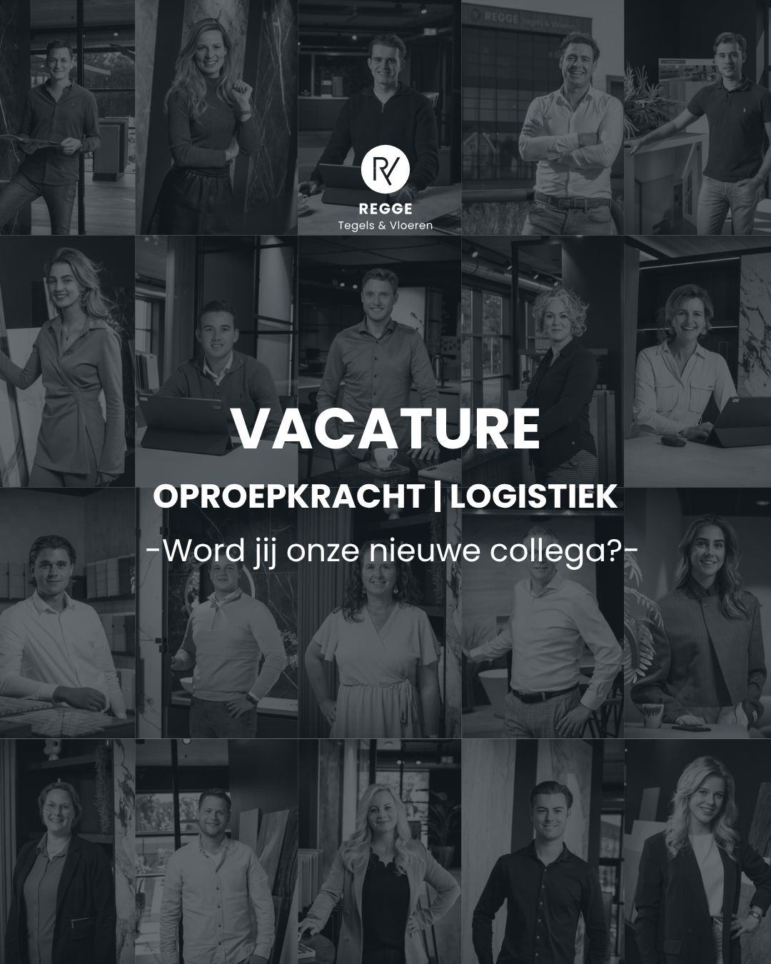 Oproepkracht logistiek gezocht: collage met teamportretten en vacaturetekst bij Regge Tegels & Vloeren in Enter