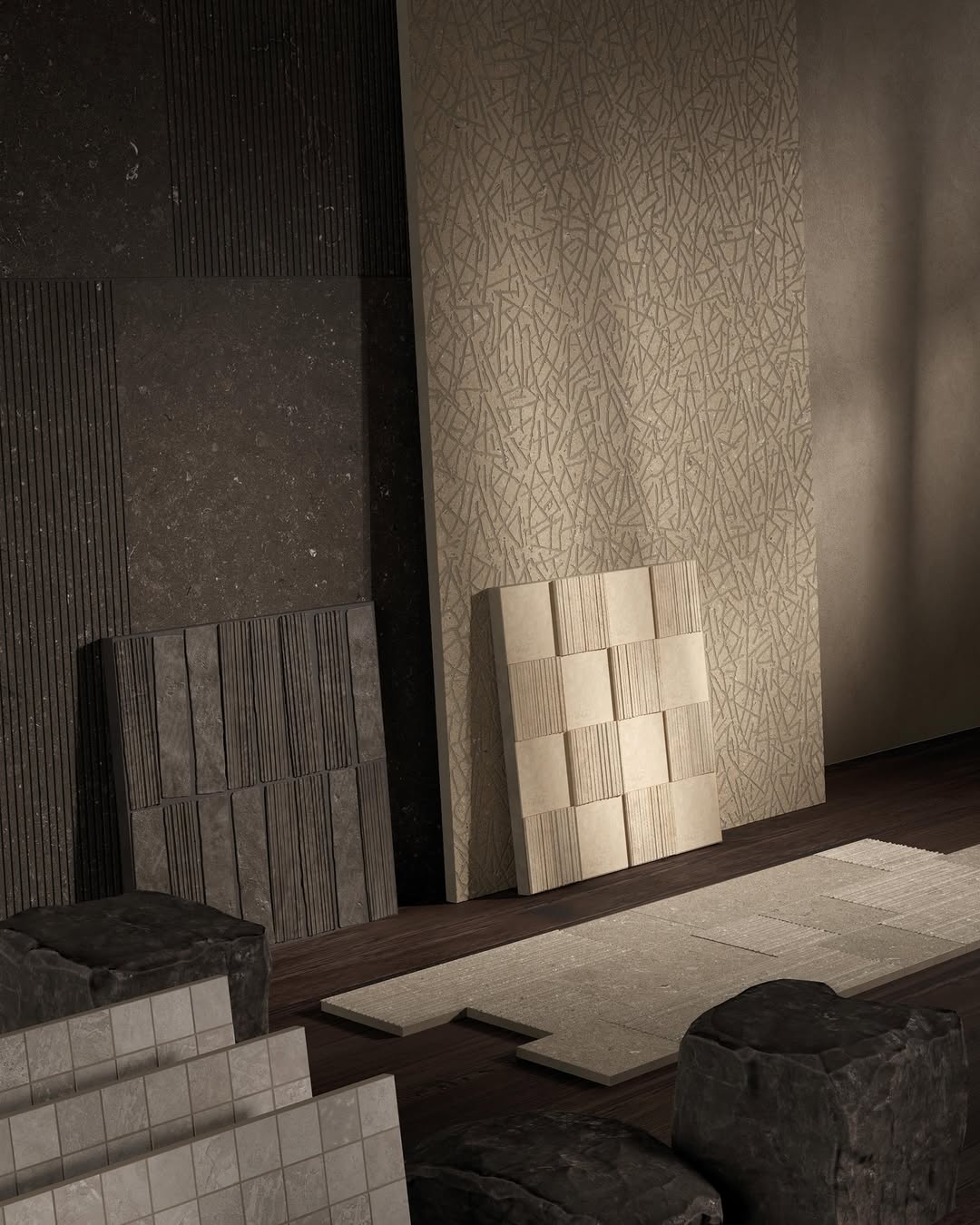Pierre Vive decorpanelen met groeven, beige en donkergrijze tegels en vierkant mozaïek bij Kronos Ceramiche