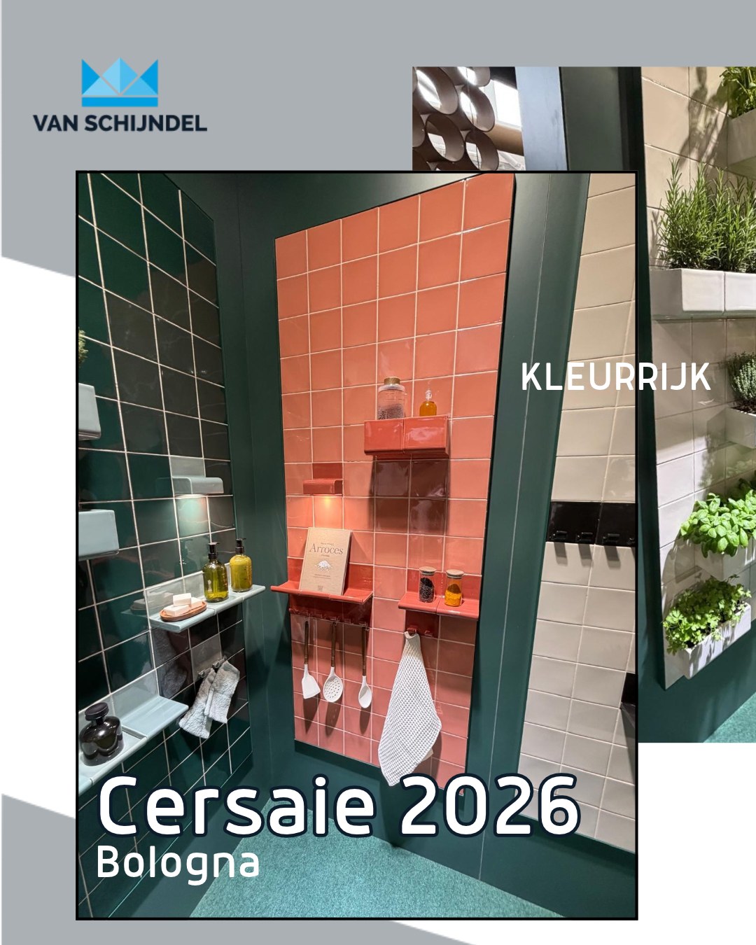 Kleurrijke tegelpresentatie op Cersaie in Bologna met donkergroene, koraalroze en lichte wandtegels.