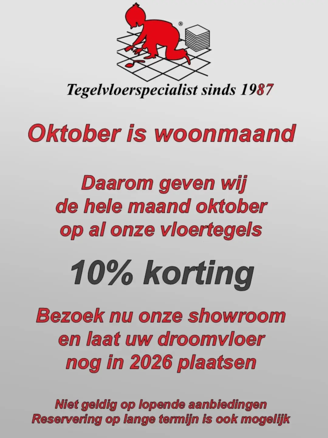 Woonmaand met 10% korting op vloertegels, in rode en zwarte tekst bij Decovloer Vloertegels Rotterdam