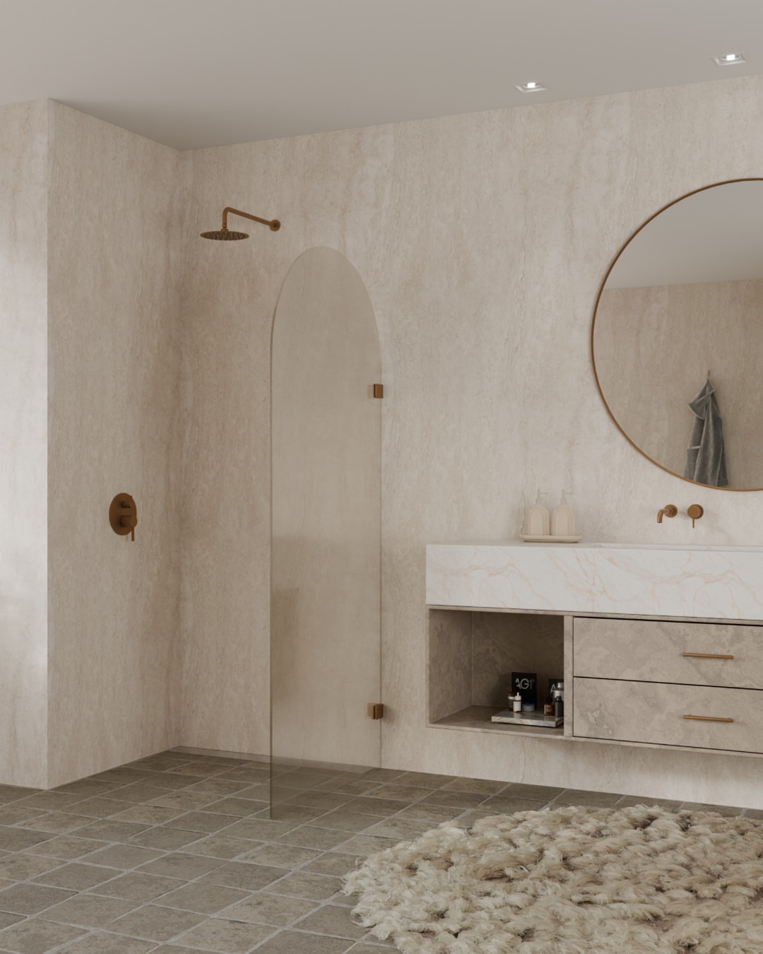 Afgeronde douchewand met transparant paneel in beige badkamer bij Zoon Tegels & Badkamers in Heemskerk