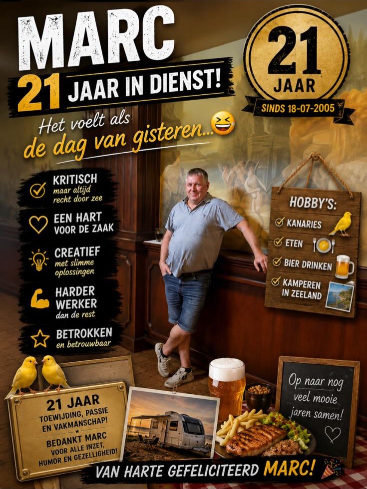 Feestelijke jubileumcollage voor Marc: 21 jaar in dienst, met zijn portret, kanaries, caravan, eten en bier.