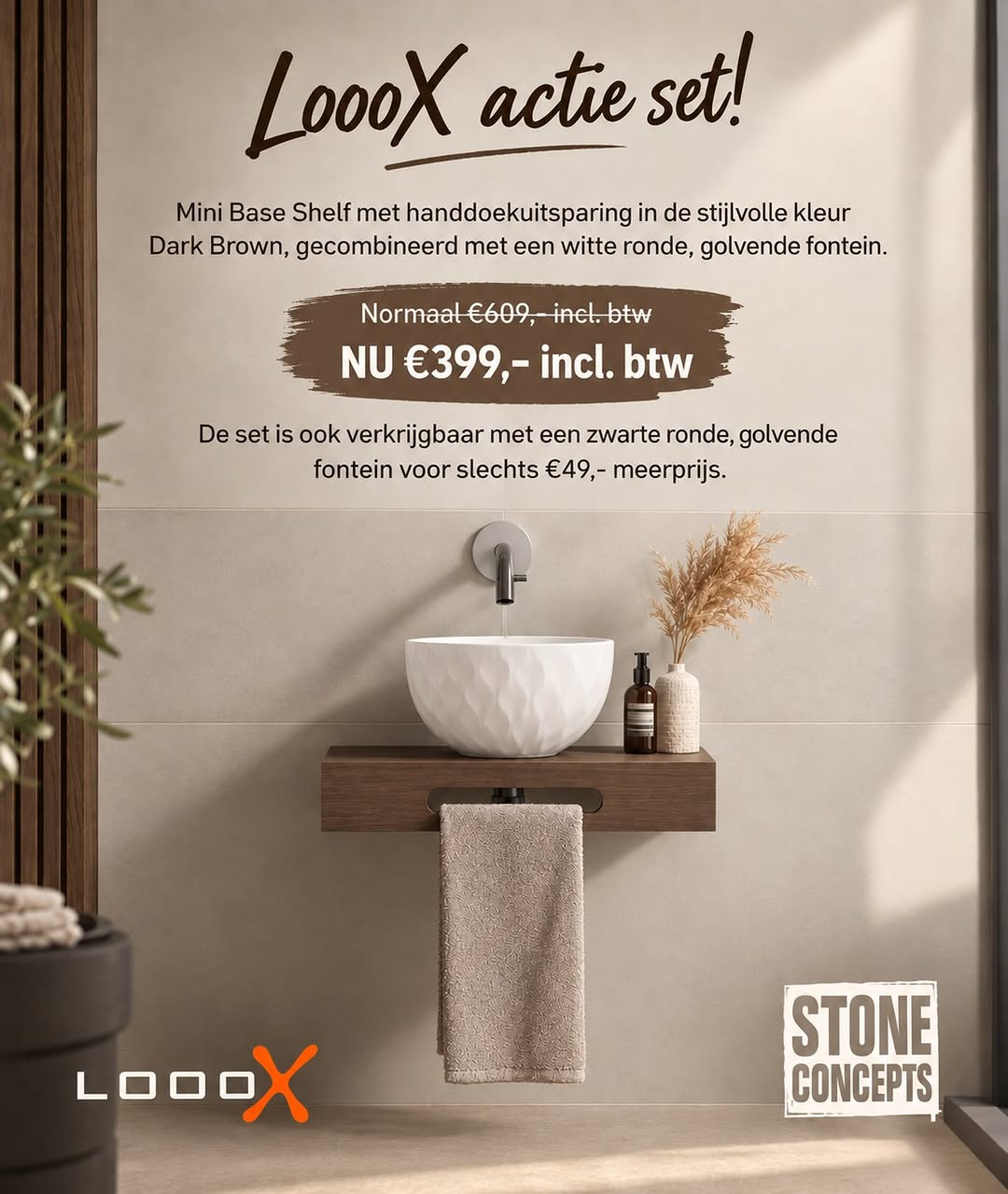 LoooX fonteinset met witte reliëfkom en Dark Brown-plank met handdoekuitsparing bij Stone Concepts in Naaldwijk