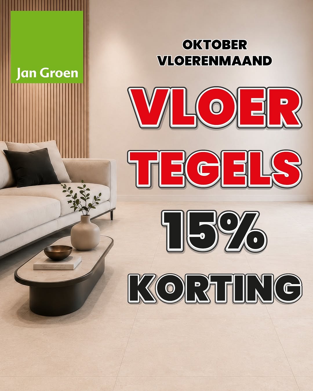 Oktober Vloerenmaand met lichte beige vloertegels en 15% korting bij Jan Groen Tegels in Bleiswijk