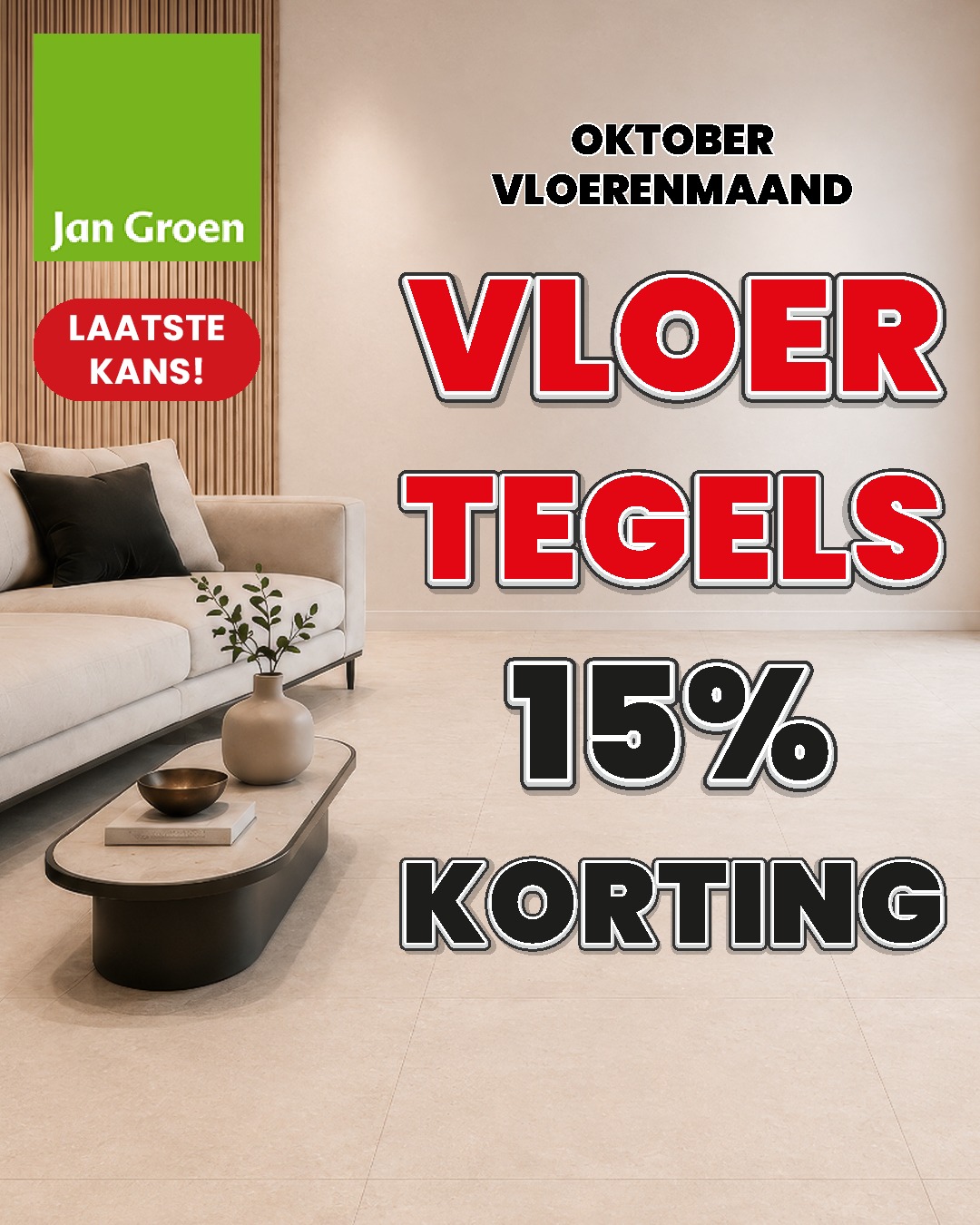 Woonkamer met lichte tegelvloer en beige bank, met Jan Groen-actie voor oktober: 15% korting op vloertegels.