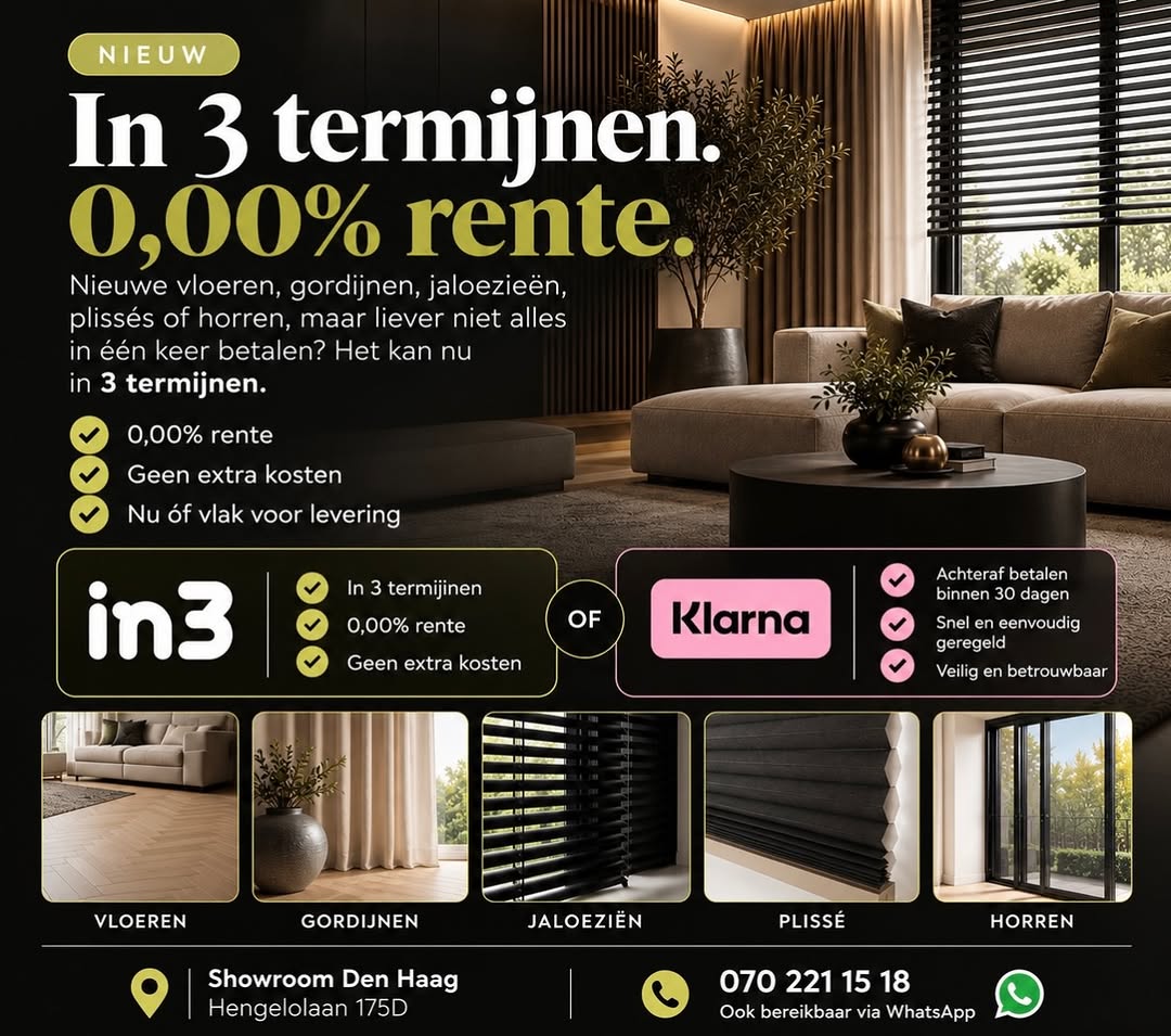 Woonkamer met beige bank, gordijnen en donkere jaloezieën bij informatie over betalen met in3 en Klarna.