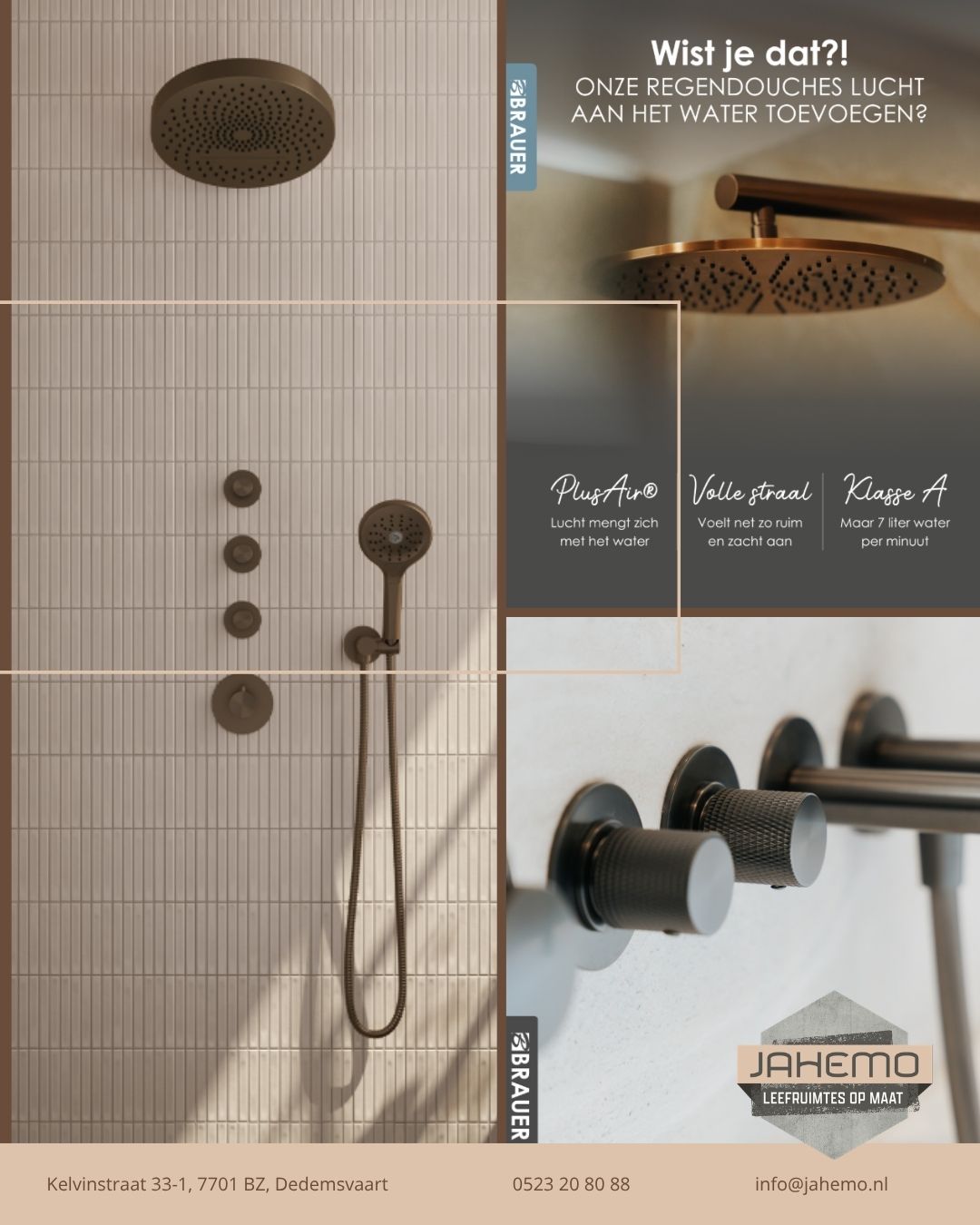 Bronskleurige Brauer-regendouche met handdouche tegen een lichte geribbelde wand en details van douchekop en kranen.