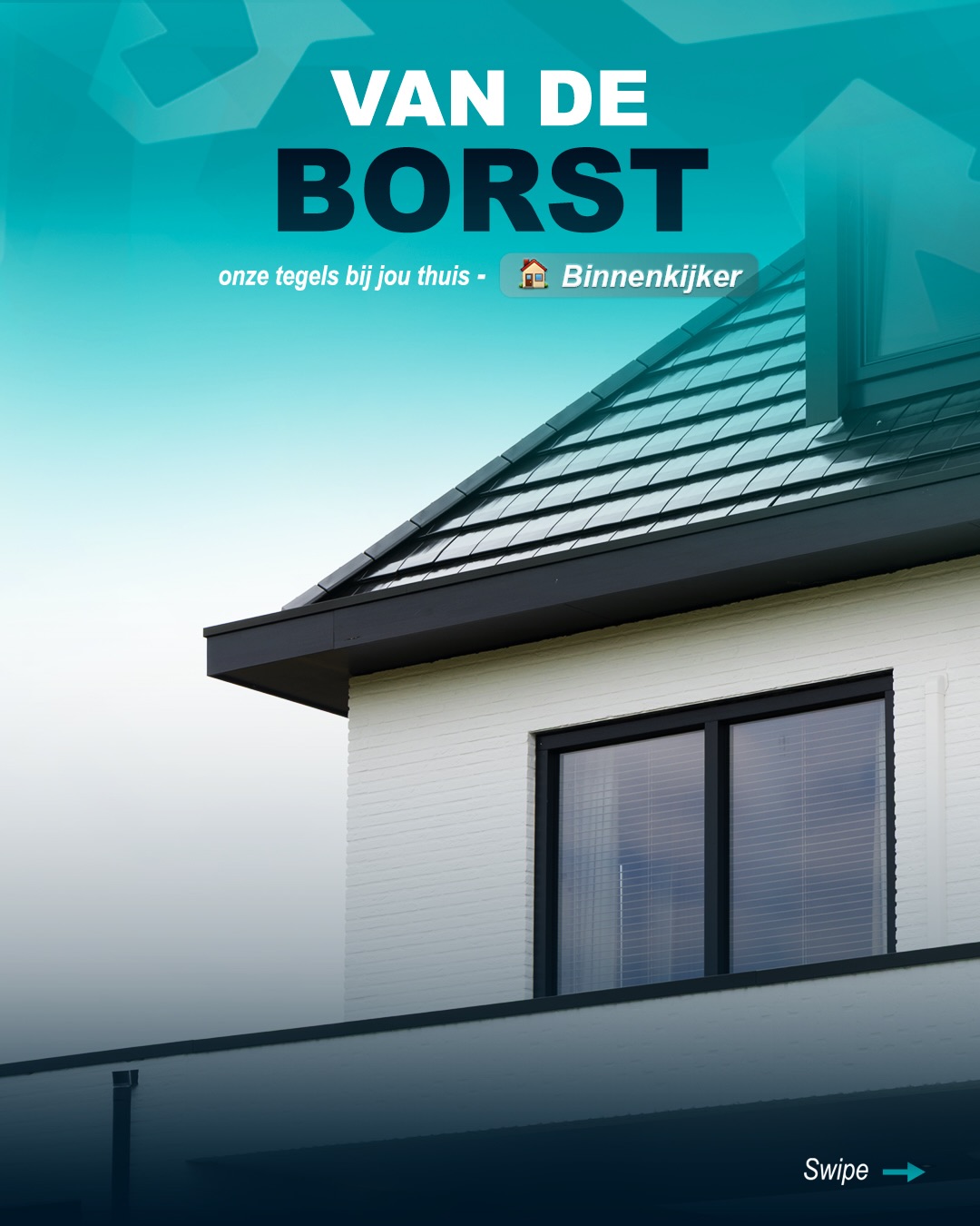 Woning van Van de Borst met witte bakstenen gevel, zwarte kozijnen en donker pannendak.