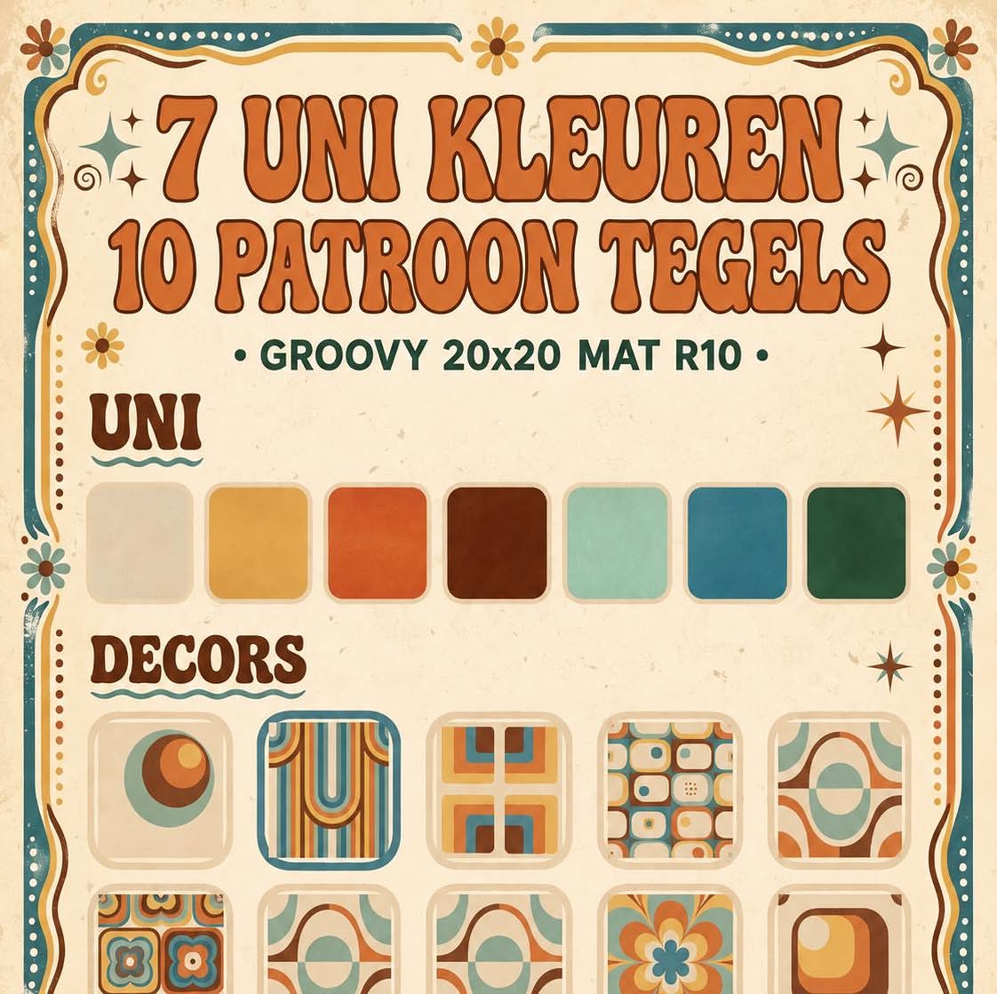 Cevica Groovy met zeven unikleuren en retrodecoren in een collectieoverzicht bij TegelStore.nl in Roosendaal