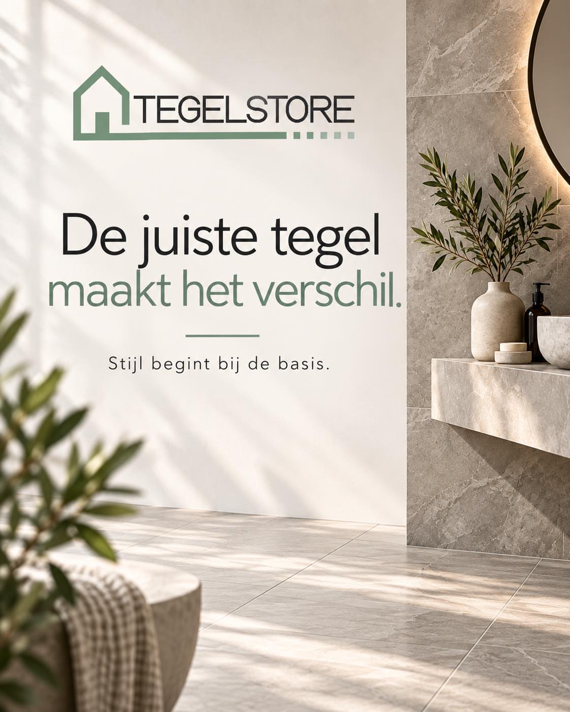 Beige badkamertegels met lichte aders op wand en vloer bij een wastafelopstelling bij TegelStore.nl in Roosendaal