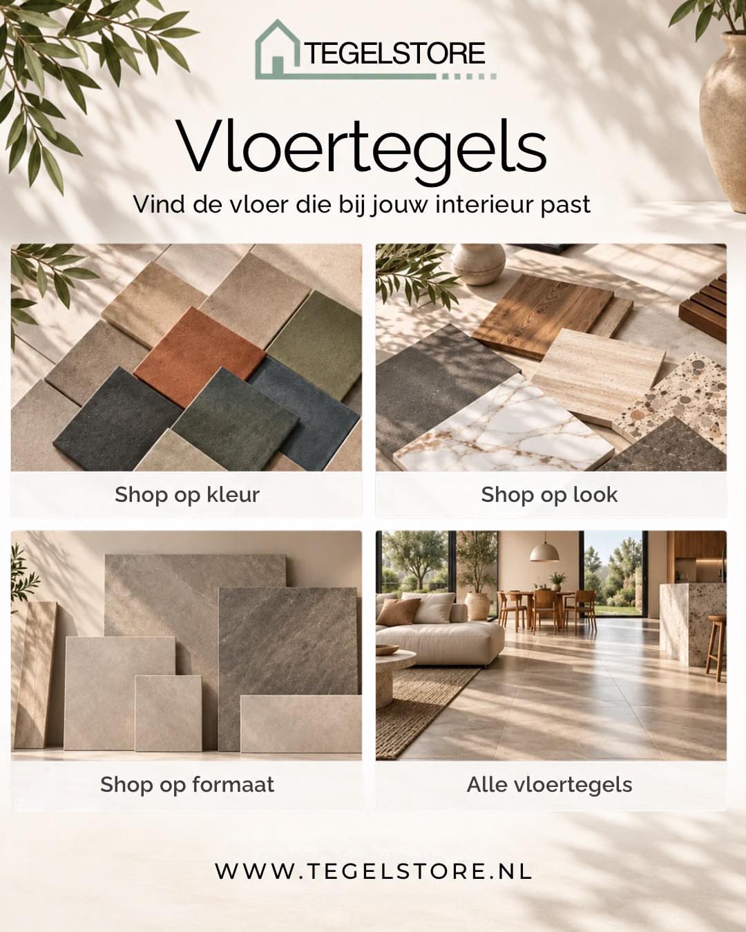Vloertegels in diverse kleuren, looks en formaten, met een woonkamervoorbeeld bij TegelStore.nl in Roosendaal
