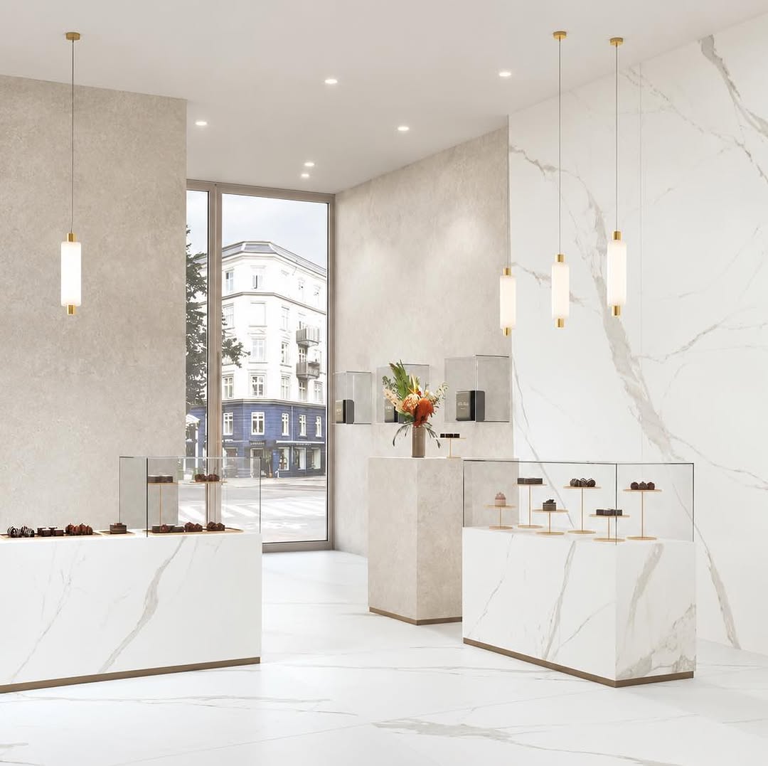 Assoluto White op vloer, wand en vitrinesokkels in een winkelinterieur bij TegelStore.nl in Roosendaal